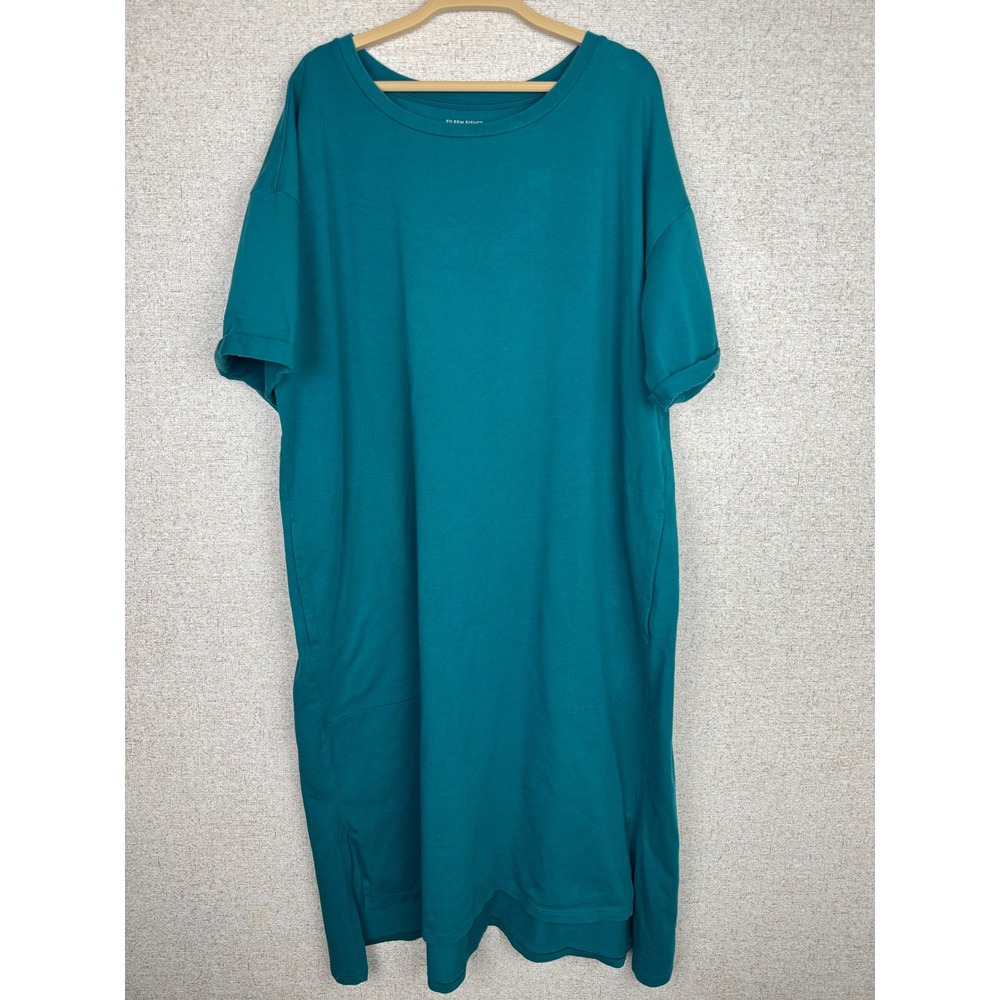 Eileen Fisher Teal Organic Cotton Jersey T-Shirt Dress Pockets Size XL